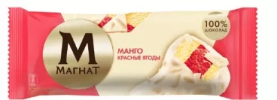 Мороженое Магнат "Манго - Красные ягоды" сливочное c манго со слоем наполнителя шербет  красные ягоды в белом шоколаде с миндалем 67 г 8%