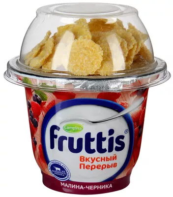 Йогуртный продукт FRUTTIS "Вкусный перерыв" малина-черника с кукурузными хлопьями 180 мл 2.5%