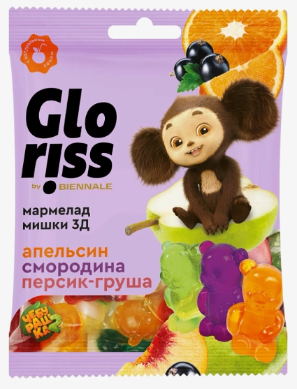 Мармелад GLORISS "Мишки фруктовые" со вкусами апельсина, смородины, груши-персика 70 г