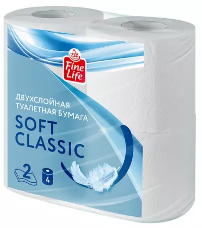 Бумага туалетная FINE LIFE "Soft Classic" двуслойная белая 4 шт