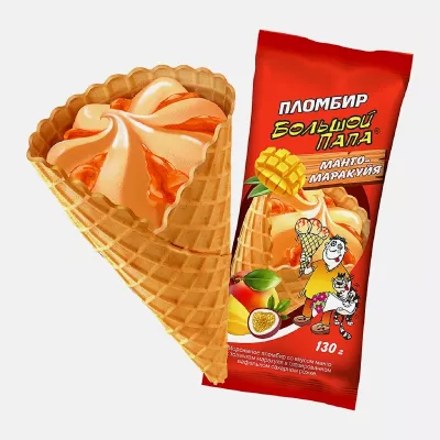Мороженое БОЛЬШОЙ ПАПА "Пломбир" со вкусом манго с топингом маракуйя 130 г 12%