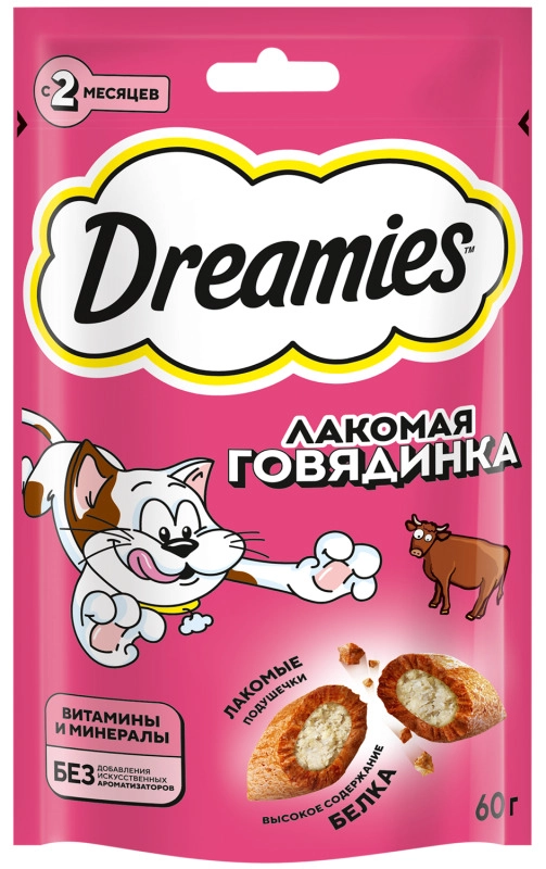 Лакомство DREAMIES для взрослых кошек с добавлением говядины 60 г