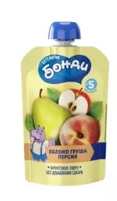 БЕГЕМОТИК БОНДИ Пюре фруктовое яблоко, груша и персик дой-пак. 90г