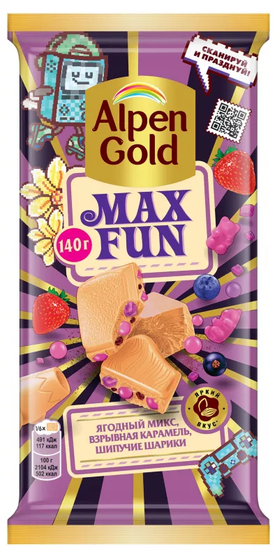 Шоколад ALPEN GOLD "Max Fun. Ягодный микс" белый с взрывной карамелью, мармеладом, шипучими шариками 140 г