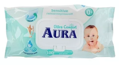 Салфетки влажные для детей AURA Ultra Comfort с экстактом алоэ и витамином E уп.100 /с крышкой/