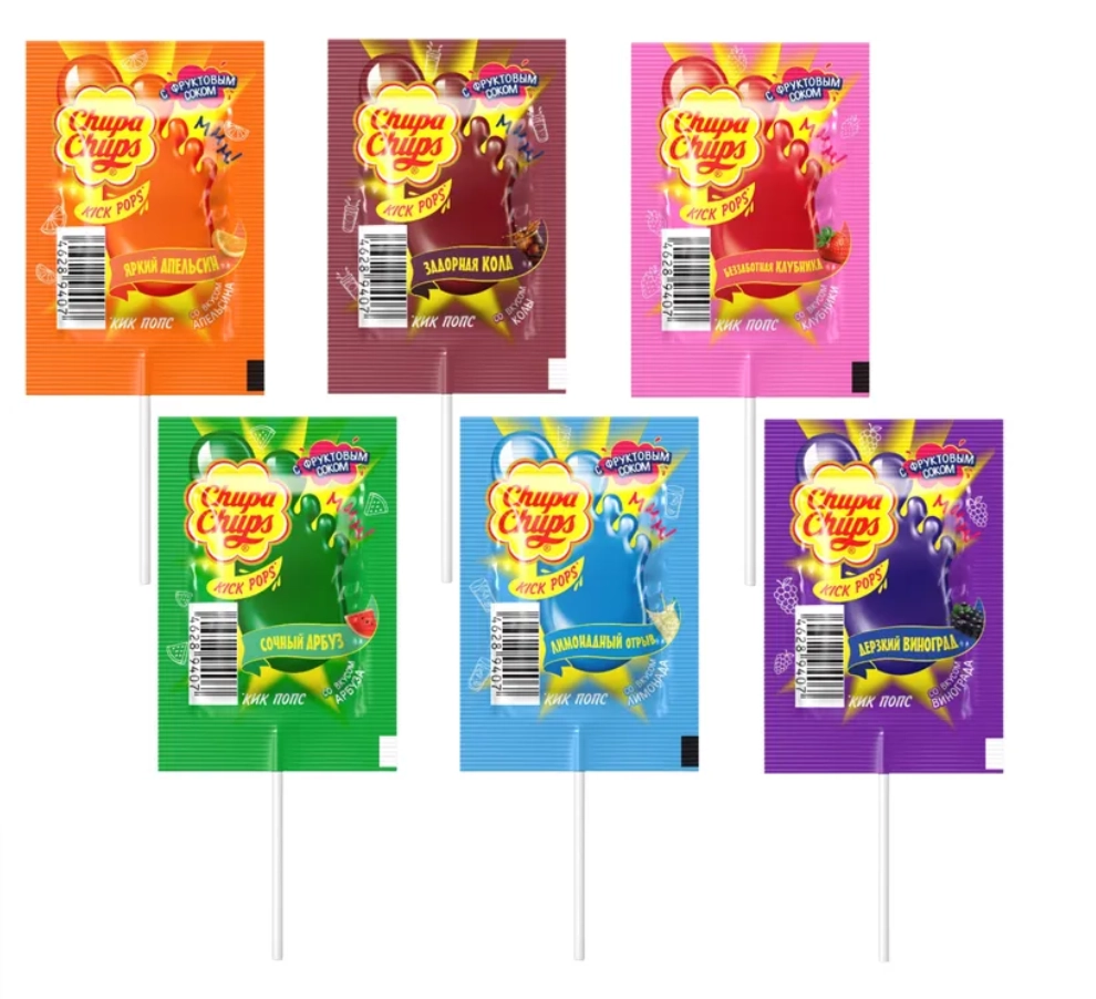 Карамель CHUPA CHUPS "Kick Pops" с фруктовым соком микс вкусов 9 г