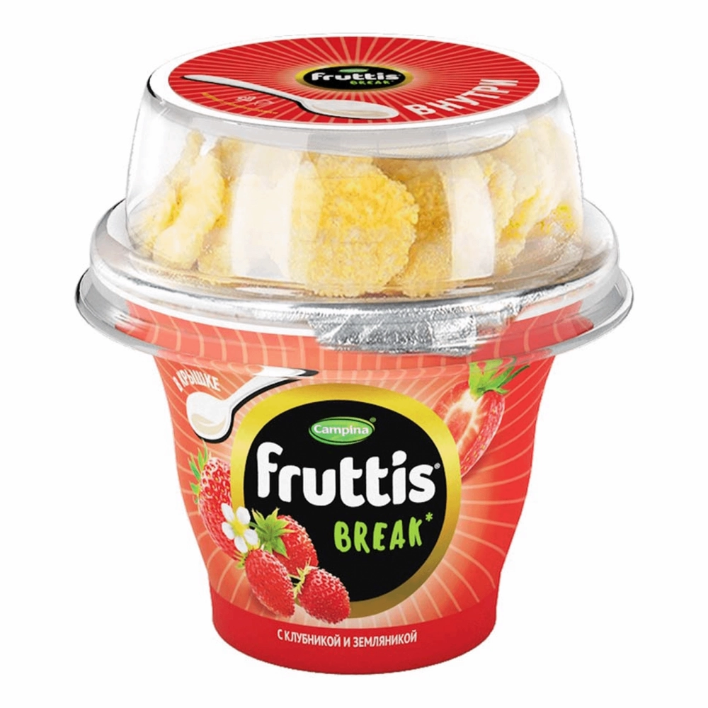 Йогуртный продукт FRUTTIS "Вкусный перерыв" клубника-земляника с топером хлопья кукурузные 180 г 2,5%