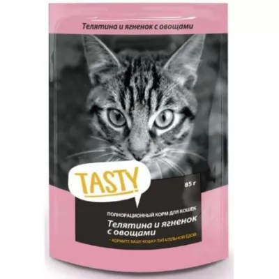 Tasty Tasty корм конс. д/кош. с телятиной, ягненком и овощами в желе, пауч, 85 г