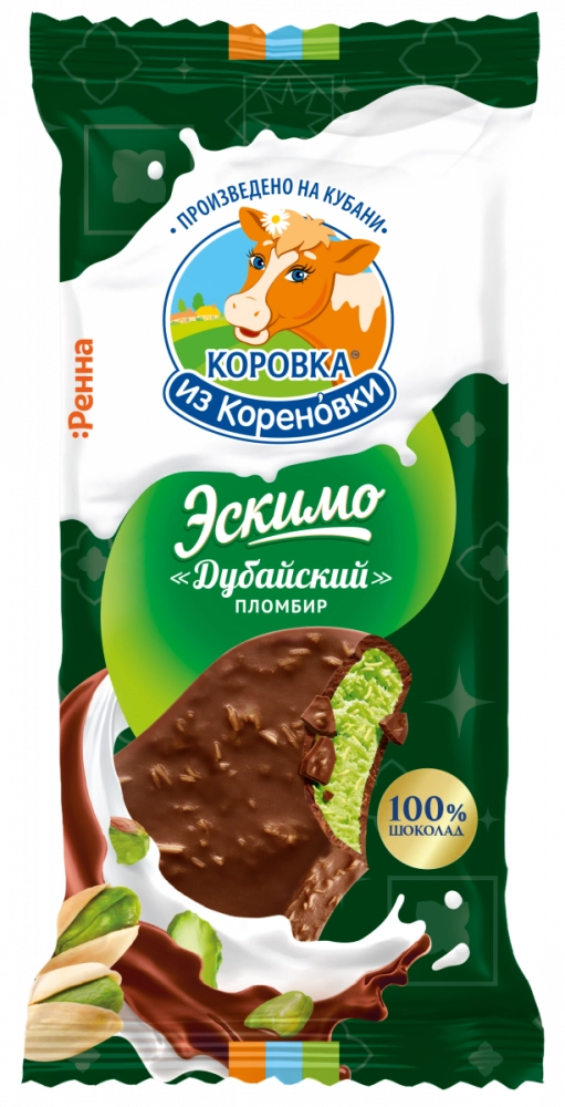 Мороженое КОРОВКА ИЗ КОРЕНОВКИ пломбир фисташковый с катаифи в молочном шоколаде, эскимо 70 г, 15%