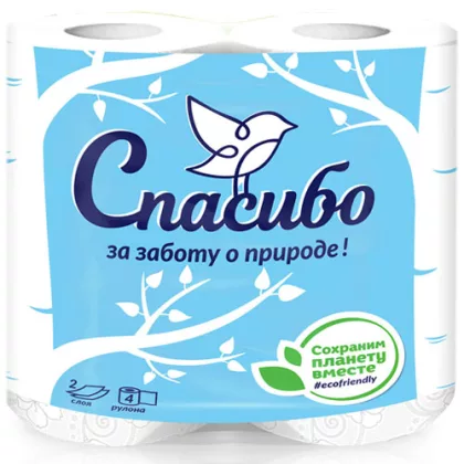 Бумага туалетная PLUSHE "Спасибо за заботу о природе" двухслойная 4 шт