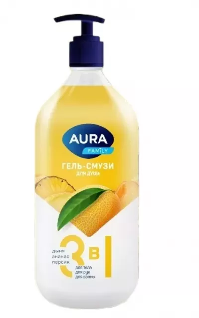 Гель-смузи для душа AURA "Family"  3 в 1 дыня, ананас, персик 1 л