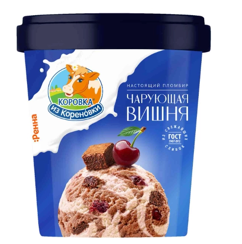 Мороженое КОРОВКА ИЗ КОРЕНОВКИ "Чарующая вишня" пломбир шоколадный с вишней и крошкой шоколадного печенья 300 г 15%