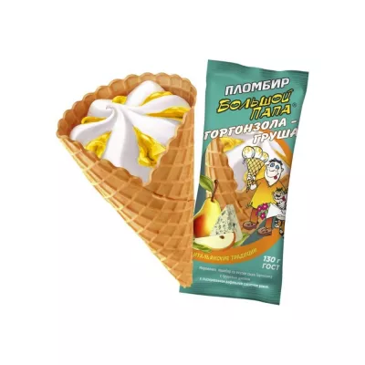Мороженое БОЛЬШОЙ ПАПА пломбир со вкусом сыра Горгонзола с грушевым джемом в глазированном вафельном сахарном рожке 130 г 12%.