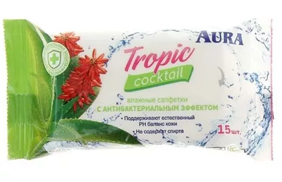 Салфетки влажные AURA Tropic coctail с антибактериальным эффектом уп.15