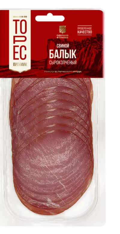 Балык свиной, (100г), вакуумная упаковка. Мясной продукт из свинины сырокопченый категории А