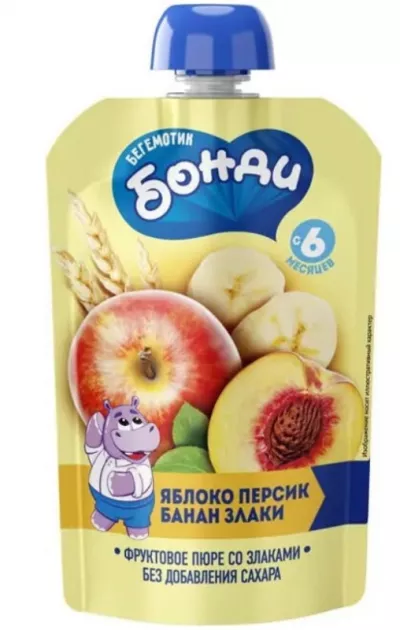 БЕГЕМОТИК БОНДИ Пюре фруктовое яблоко, персик, банан, злаки дой-пак. 90г