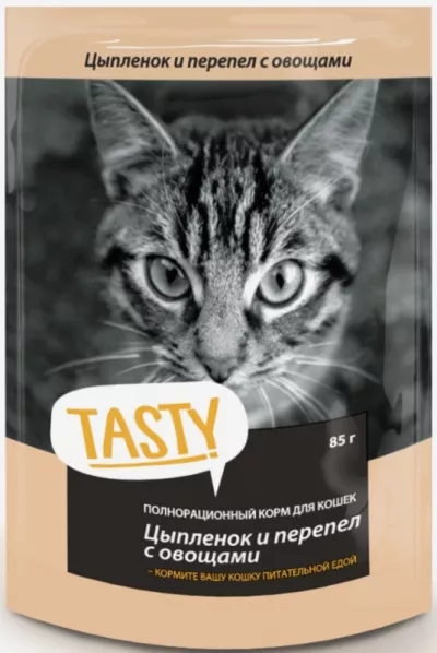 Tasty Tasty корм конс. д/кош. с цыпленком, перепелом и овощами в желе, пауч, 85 г