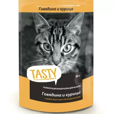 Tasty Tasty корм конс. д/кош. с говядиной и курицей в желе, пауч, 85 г