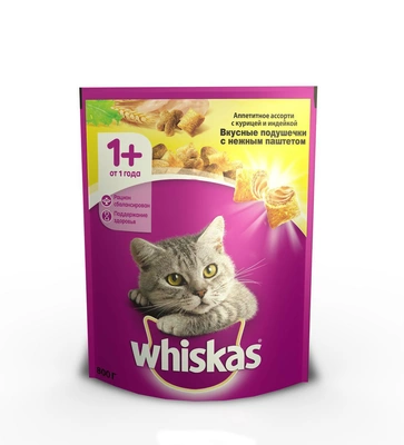 Корм для кошек WHISKAS подушечки с нежным паштетом "Аппетитное ассорти с курицей и индейкой" 800 г