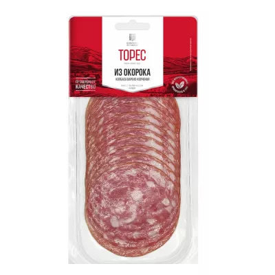 Колбаса "Из окорока" , (80г), вакуумная упаковка. Мясной продукт. Колбасное изделие варено-копченое категории Б