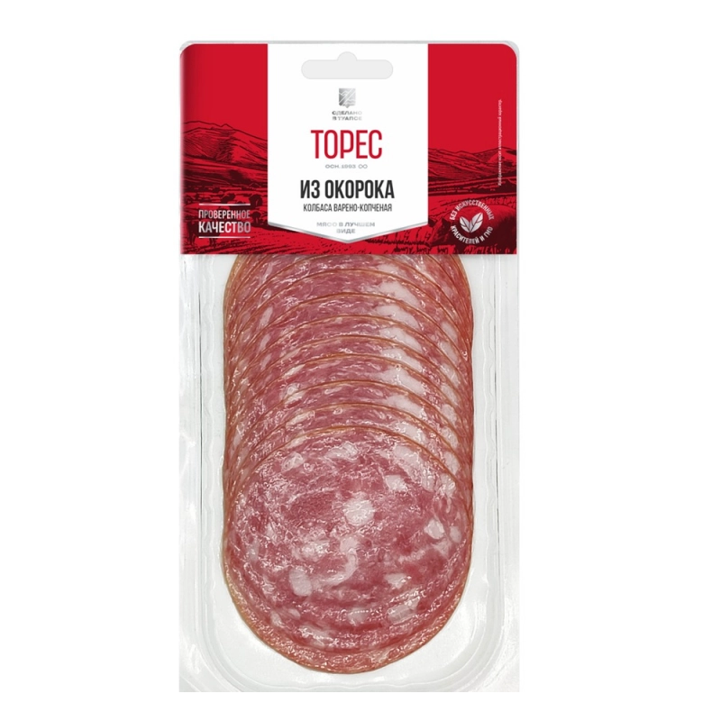 Колбаса "Из окорока" , (80г), вакуумная упаковка. Мясной продукт. Колбасное изделие варено-копченое категории Б