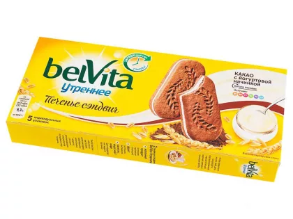 Печенье BELVITA "Утреннее" сэндвич какао с йогуртовой начинкой 253 г