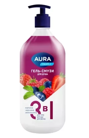 Гель-смузи для душа AURA 3  в 1 малина, черника, земляника