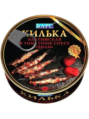 Килька БАРС балтийская неразделанная в томатном соусе Килька БАРС балтийская неразделанная в томатном соусе "чили" 250 г