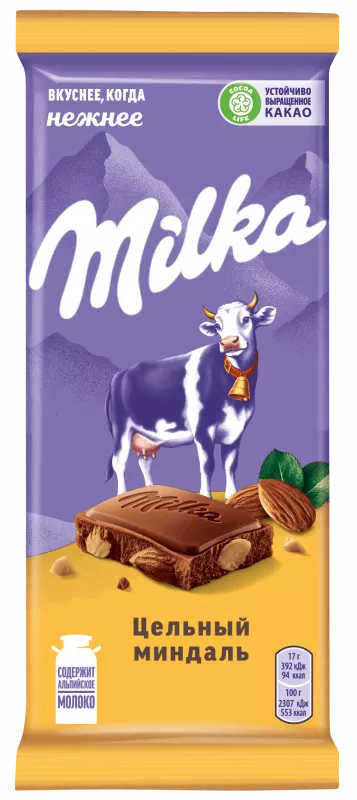 Шоколад MILKA молочный цельный миндаль 80 г