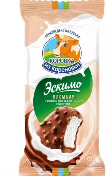 Мороженое КОРОВКА ИЗ КОРЕНОВКИ "Пломбир" ванильный в молочно-шоколадной глазури с фундуком 60 г 15%