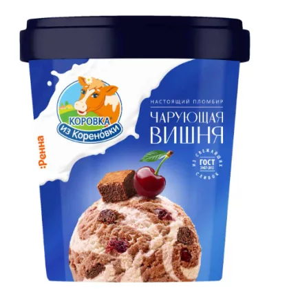 Мороженое КОРОВКА ИЗ КОРЕНОВКИ "Чарующая вишня" пломбир шоколадный с вишней и крошкой шоколадного печенья 300 г 15%