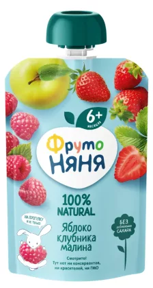 Десерт фруктовый ФРУТОНЯНЯ из яблок клубники и малины с 6 месяцев 90 г Десерт фруктовый ФРУТОНЯНЯ из яблок клубники и малины с 6 месяцев 90 г