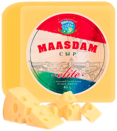 Сыр НОВОГРУДСКИЕ ДАРЫ "Maasdam Elite" полутвердый 1 кг 45 %