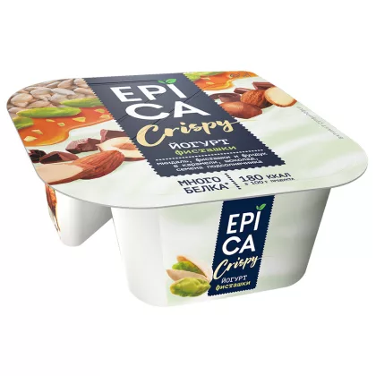 Йогурт EPICA "Crispy"  с фисташками и смесь из семян подсолнечника, орехов и темного шоколада 140 г 10.5%