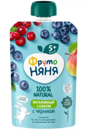 ФрутоНяня Пюре "Витаминный салатик" из яблок, черники, клюквы и брусники уп. 90 г