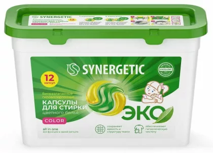 Капсулы для стирки SYNERGETIC "Color" для цветного белья 12 шт