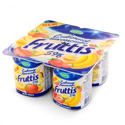 Йогуртный продукт FRUTTIS "Сливочное лакомство" дыня-манго/банан-клубника 115 г 5%