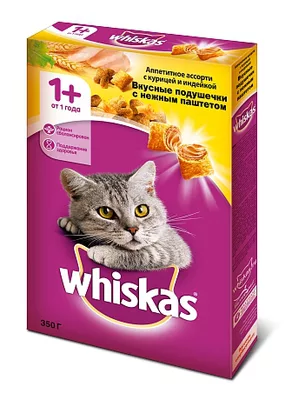 WHISKAS подушечки с нежным паштетом "Аппетитное ассорти с курицей и индейкой" 350 г