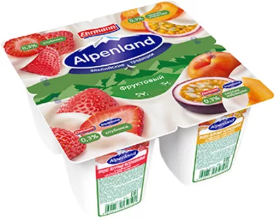 Йогуртный продукт ALPENLAND "Легкий" клубника/персик-маракуйя 95 г 0,3%